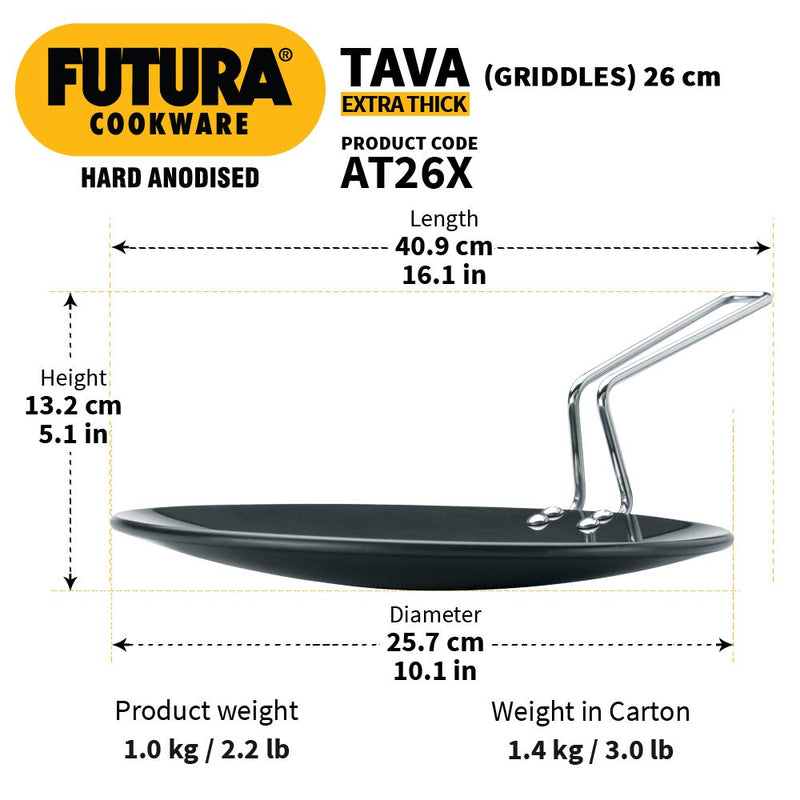 Hawkins Futura 26 cm Tava, Hard Anodised Tawa with Stainless Steel Handle, Extra Thick Tawa, Black (AT26X)