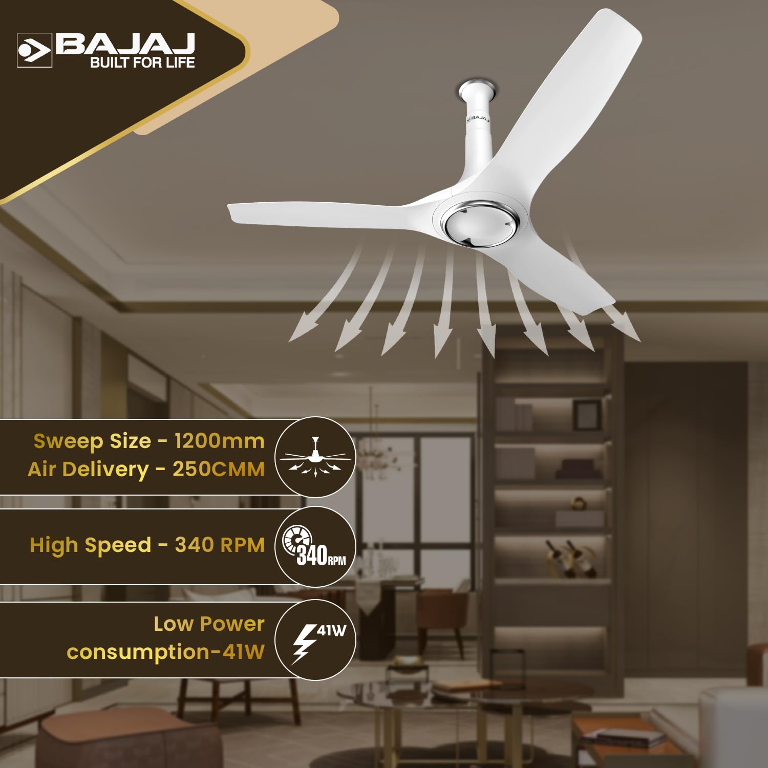 Bajaj Arioso 12DC5R 1200MM Silent Abs BLDC Ceiling Fan For Home | 5 Starrated Energy Efficient | Remote Control | High Air Delivery, Silent Operation | Unique Adjustable Canopy 【White & Chrome】
