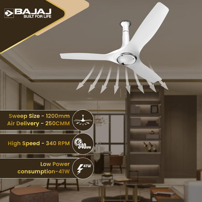 Bajaj Arioso 12DC5R 1200MM Silent Abs BLDC Ceiling Fan For Home | 5 Starrated Energy Efficient | Remote Control | High Air Delivery, Silent Operation | Unique Adjustable Canopy 【White & Chrome】