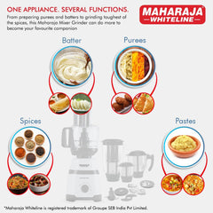 Maharaja Whiteline Kitchen Pro Mixer Grinder With 4 Jar, 800 Watts - Mx-266, 5 Year Warranty On Motor (White & Black)