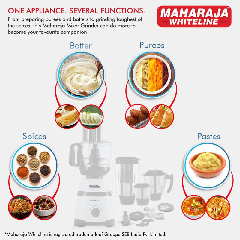 Maharaja Whiteline Kitchen Pro Mixer Grinder With 4 Jar, 800 Watts - Mx-266, 5 Year Warranty On Motor (White & Black)