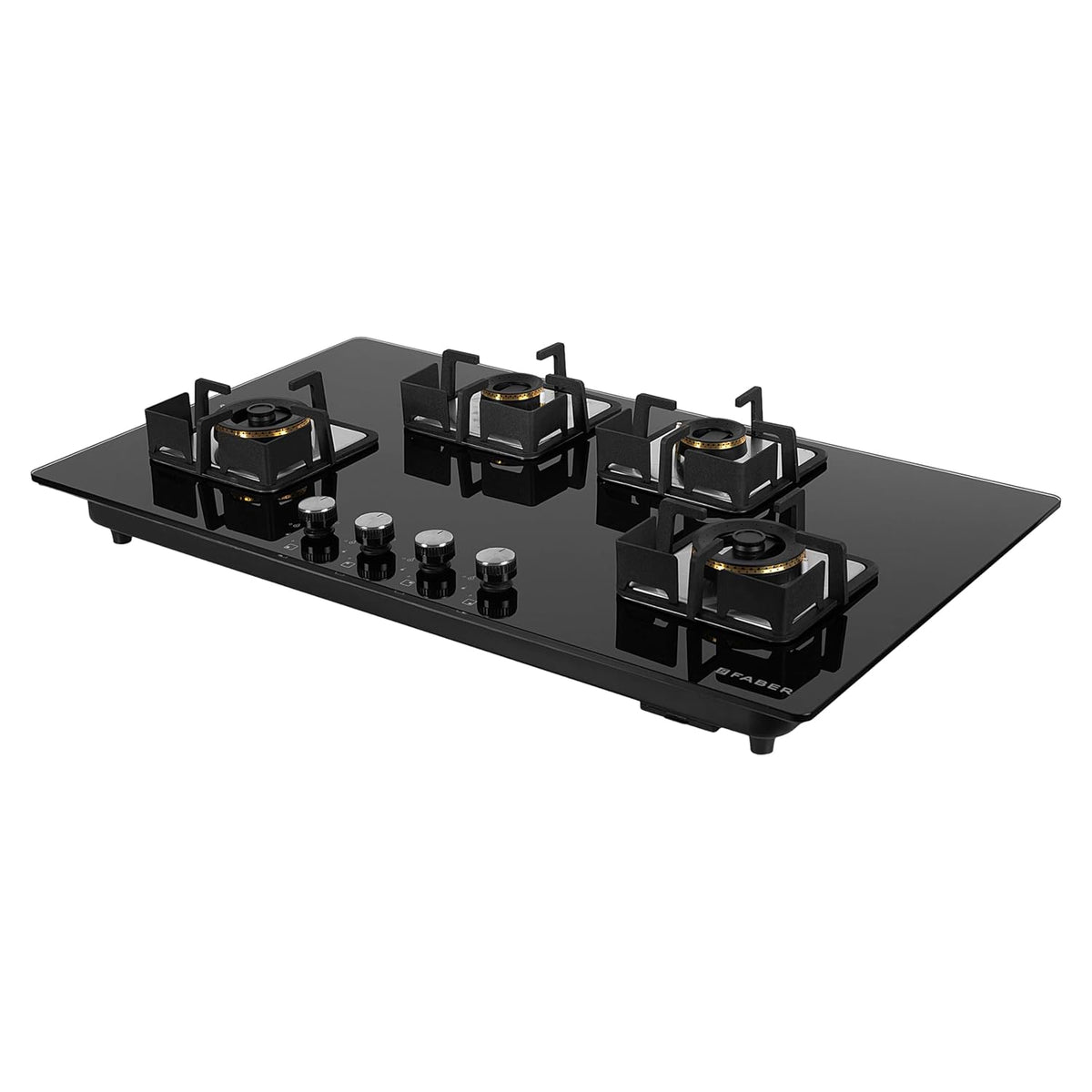 Faber 4 Burner HCT 90 cm Hob| Brass Burners| Bakelite Knobs| Cast Iron Pan Support| Hob/Cooktop Hybrid| Toughened Glass 