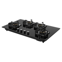 Faber 4 Burner HCT 90 cm Hob| Brass Burners| Bakelite Knobs| Cast Iron Pan Support| Hob/Cooktop Hybrid| Toughened Glass 