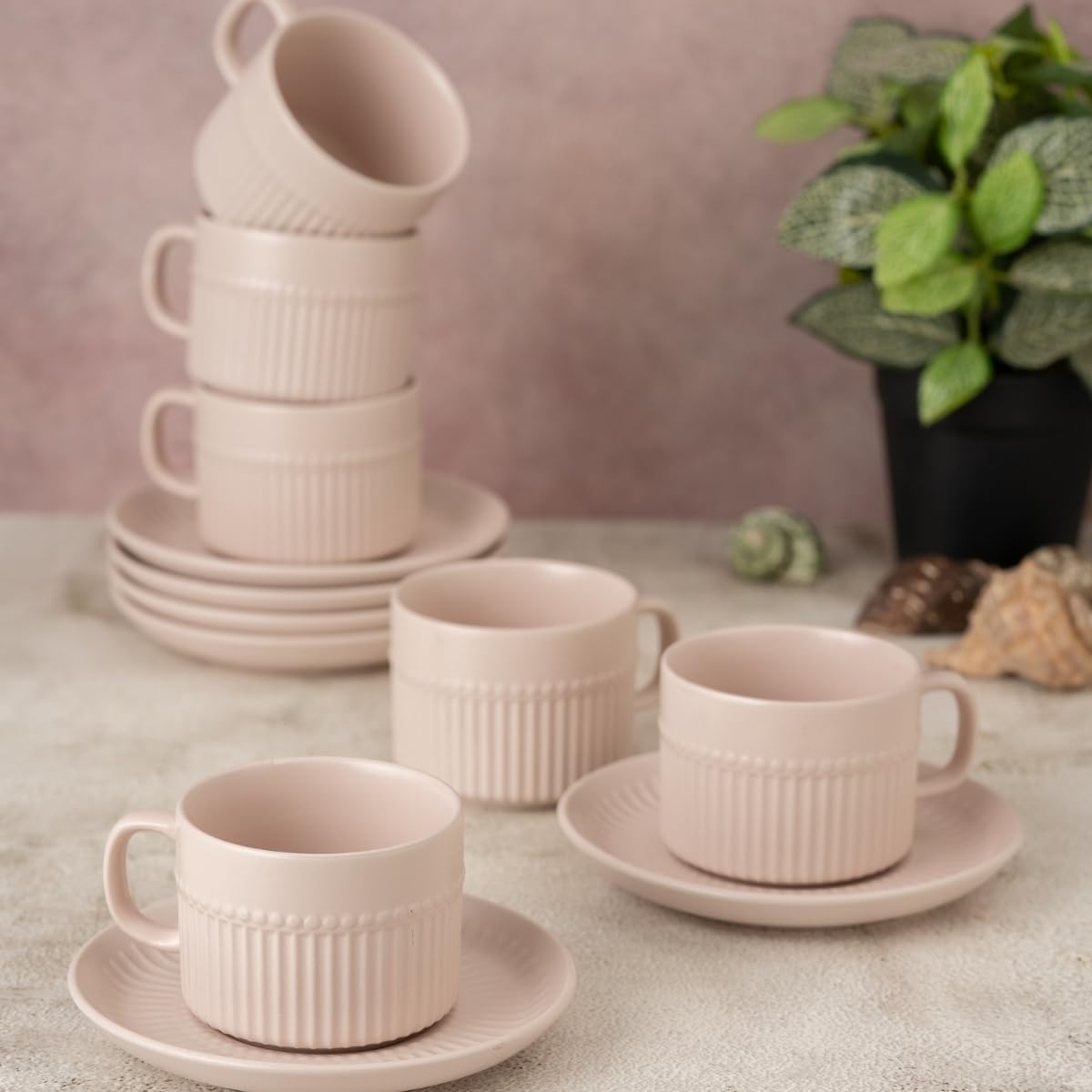 Clay Craft Fine Ceramic Crimson Green Cups & Saucer, Set of 12, Cups for Tea & Coffee, Gift Set, Elegant Design for Home and Kitchen and Can Be Gifted to Your Loved Ones On Any Occassions