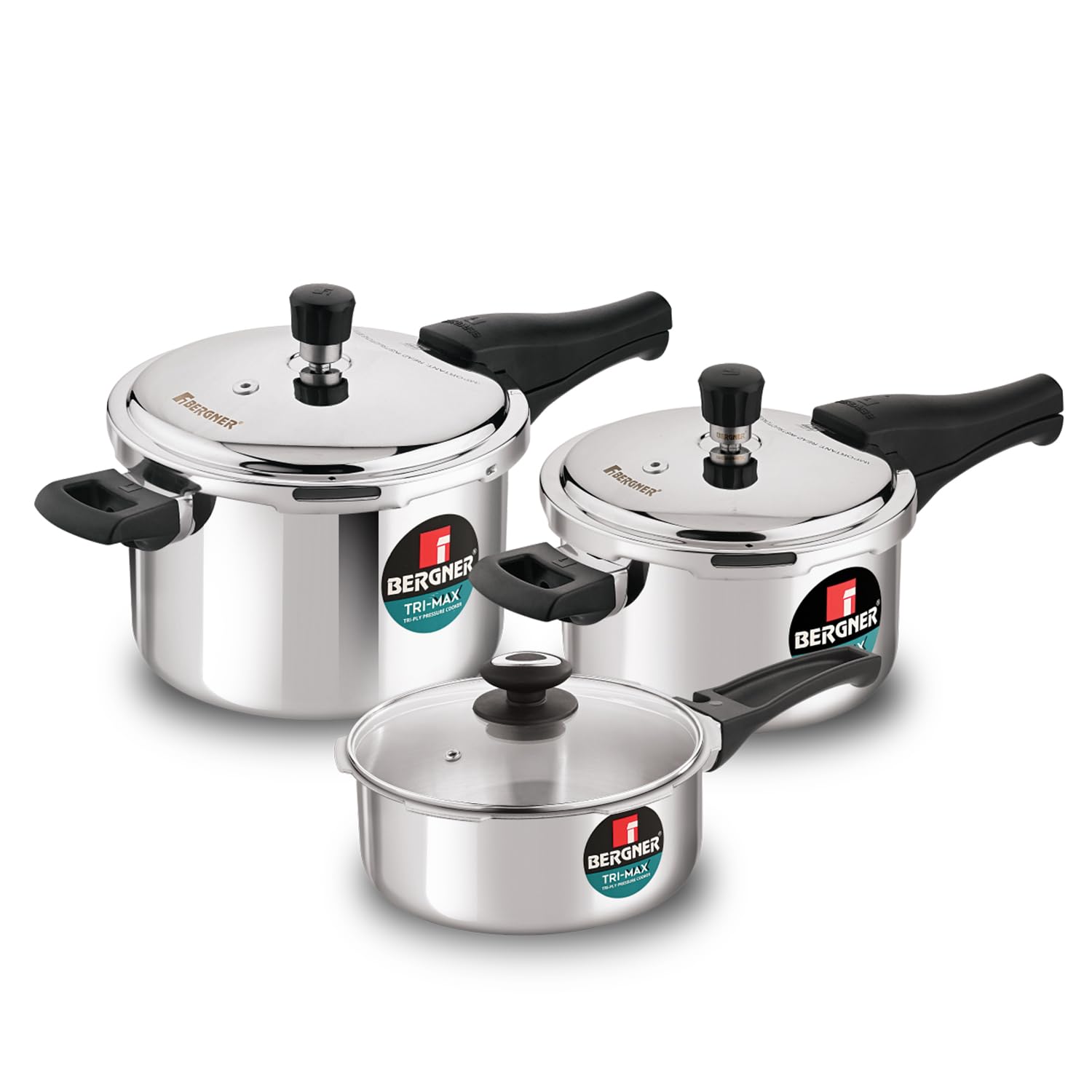 Bergner Tri-Max Junior TriPly 1 Litre Pressure Cooker, Triply Heavy Bottom Outer Lid Mini Pressure Cooker, 1 Pc Free Safety Valve, Measuring Scale Inside - Induction Bottom and Gas Stove Ready