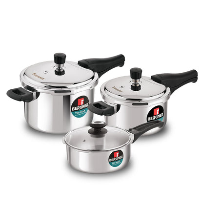 Bergner Tri-Max Junior TriPly 1 Litre Pressure Cooker, Triply Heavy Bottom Outer Lid Mini Pressure Cooker, 1 Pc Free Safety Valve, Measuring Scale Inside - Induction Bottom and Gas Stove Ready