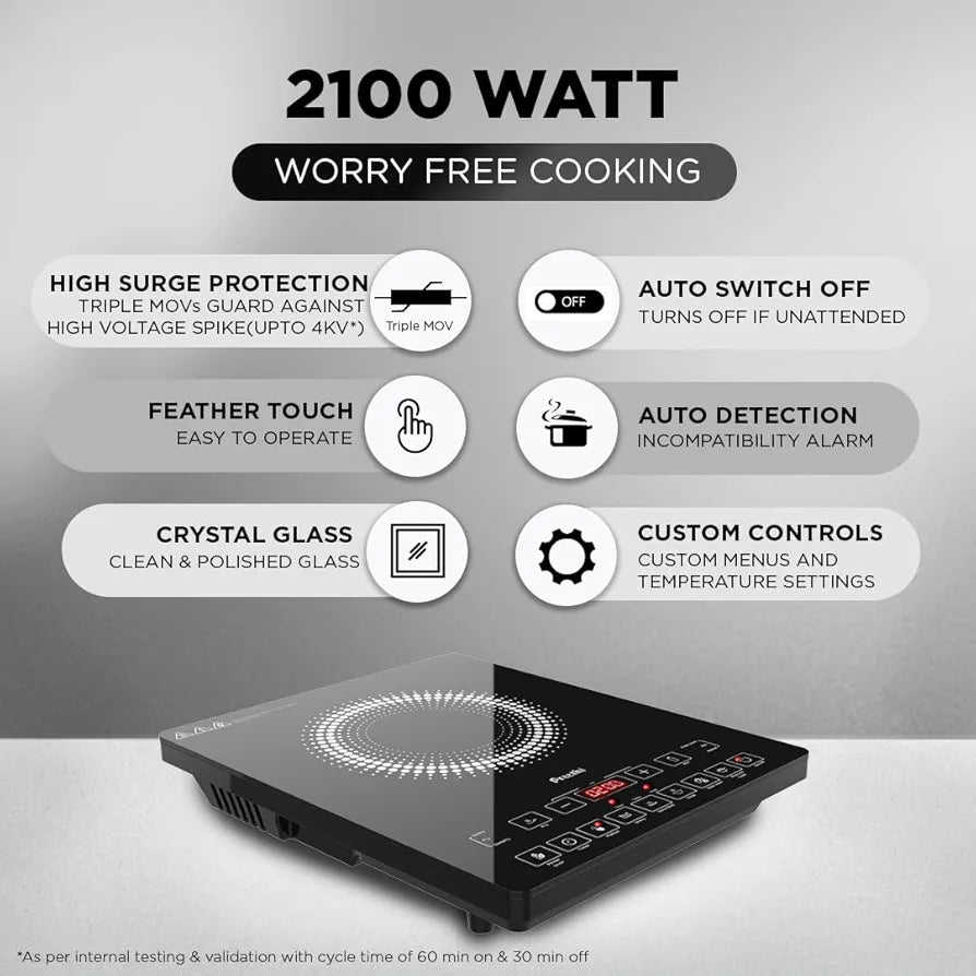 Preethi Indicook IC125 Induction Cooktop, 2100-Watt Electric Stove with Feather Touch Operation and Crystal Glass 