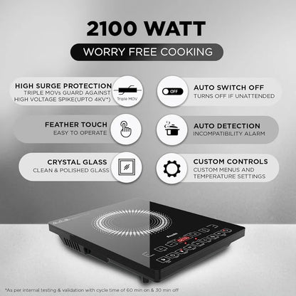 Preethi Indicook IC125 Induction Cooktop, 2100-Watt Electric Stove with Feather Touch Operation and Crystal Glass 