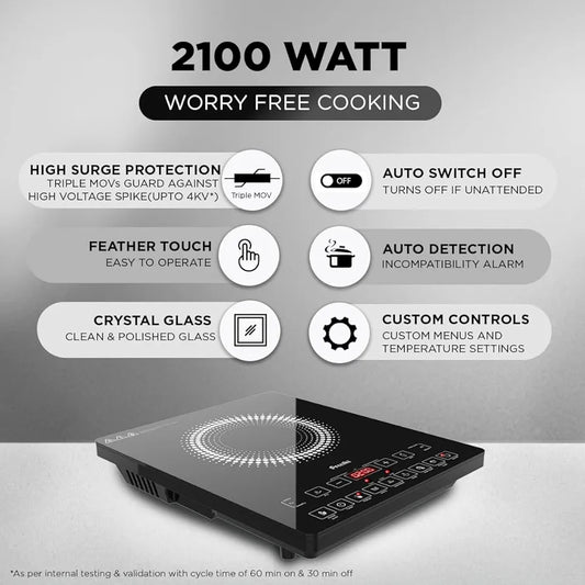 Preethi Indicook IC125 Induction Cooktop, 2100-Watt Electric Stove with Feather Touch Operation and Crystal Glass 