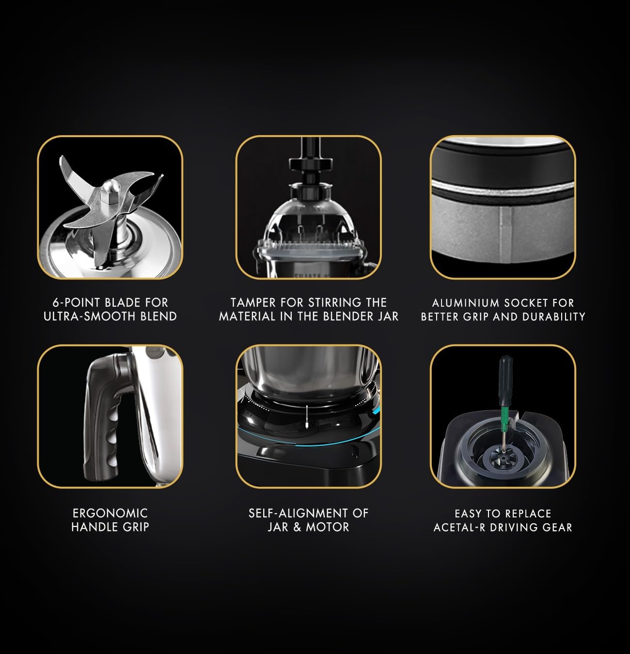 Sujata MG02 Mixer Grinder|1000 Watts Double Ball Bearing Motor|24000 RPM|Non-Stop 90 Mins Running|3 Food Grade Steel Jars including 1500ml Multipurpose, 1000ml Grinder, 500ml Chutney Jar| (Black)