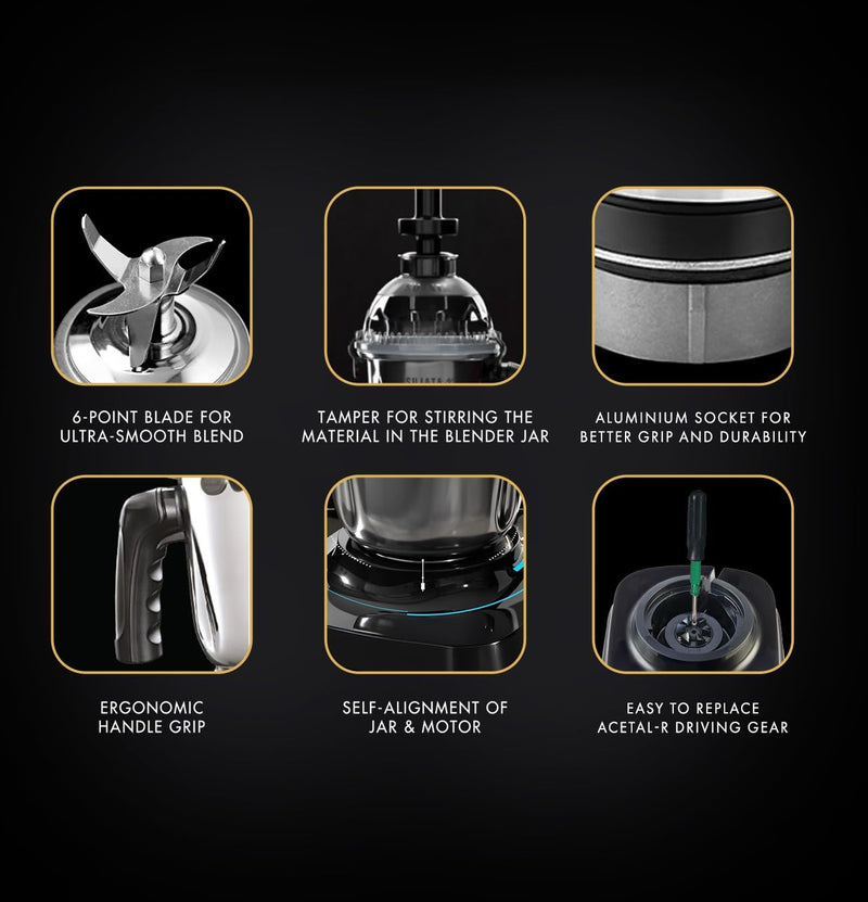 Sujata MG02 Mixer Grinder|1000 Watts Double Ball Bearing Motor|24000 RPM|Non-Stop 90 Mins Running|3 Food Grade Steel Jars including 1500ml Multipurpose, 1000ml Grinder, 500ml Chutney Jar| (Black)