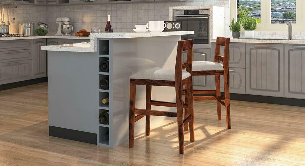 Solid Sheesham Wood Bar Chair for Island Kitchen - Rosewood Natural Brown Finish with Elegant Design, Durable a