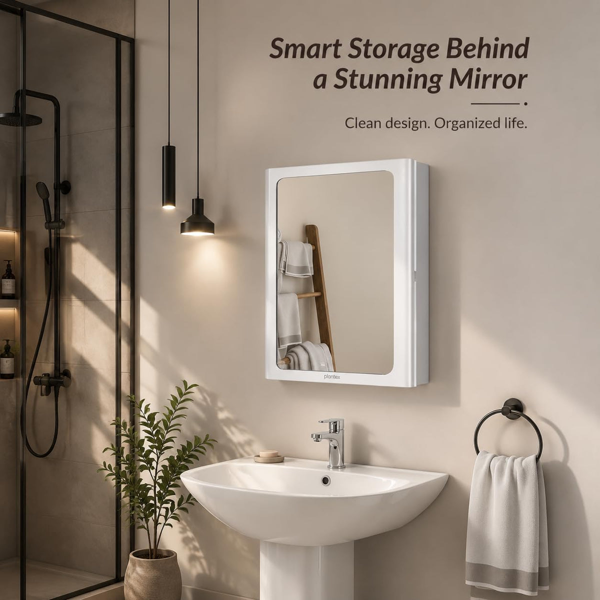 Plantex Bathroom Cabinet with Mirror/ABS Bathroom Storage Cabinet/Wall Mounted Bathroom Cabinet/Mirror with Storage for Bathroom(14x18 Inch, White)-3