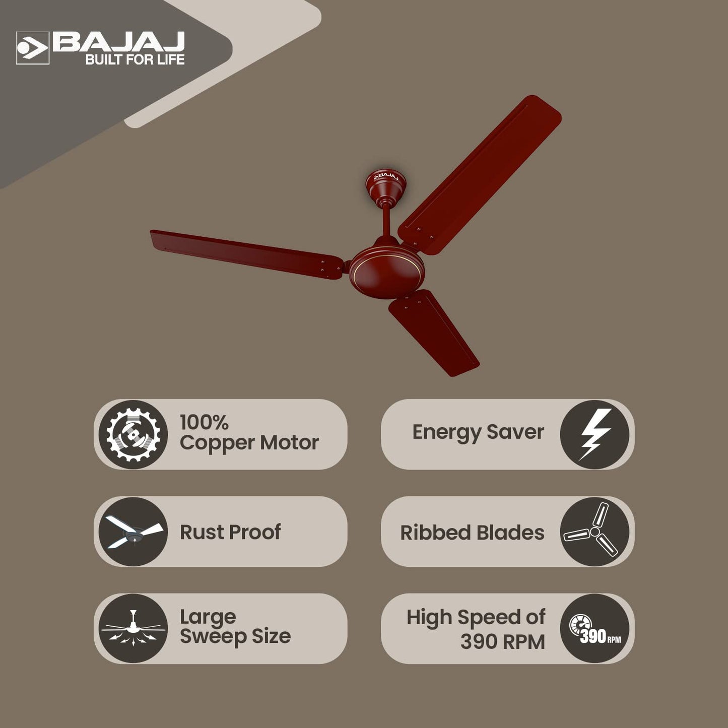 Bajaj Frore Turbo1200 MM (48") 1 Star Rated Ceiling Fans For Home | BEE Star Rated Energy Efficient Ceiling Fan | Rust Free Coating For Long Life | High Air Delivery | 2-Yr Warranty 【Brown】