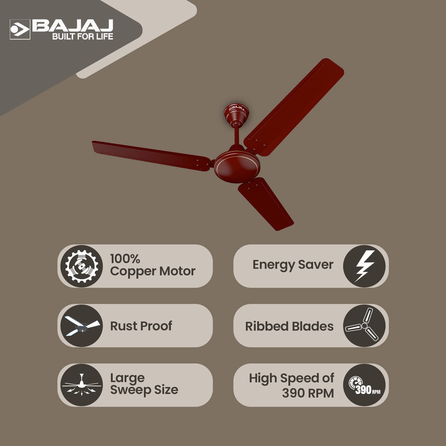 Bajaj Frore Turbo1200 MM (48") 1 Star Rated Ceiling Fans For Home | BEE Star Rated Energy Efficient Ceiling Fan | Rust Free Coating For Long Life | High Air Delivery | 2-Yr Warranty 【Brown】