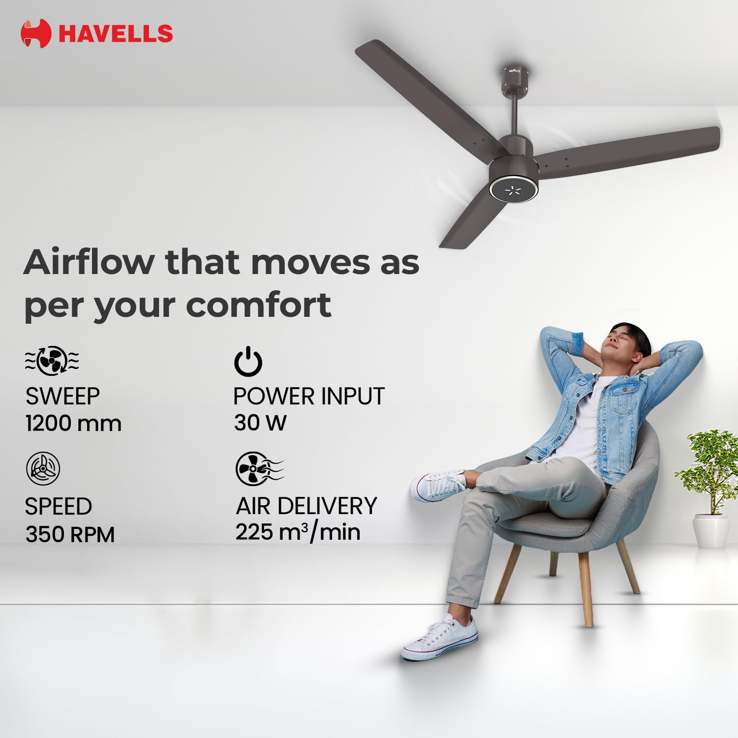 Havells FAB BLDC ULED Ceiling Fan 1200mm, 5 star, LED Speed Indicator, 380 RPM, Up to 65% Savings,Reverse Rotation,4 Speed Modes,Low Wattage 30W,Low Noise,Air Flow:225 CMM, 3 Year Warranty,Cocoa Brown