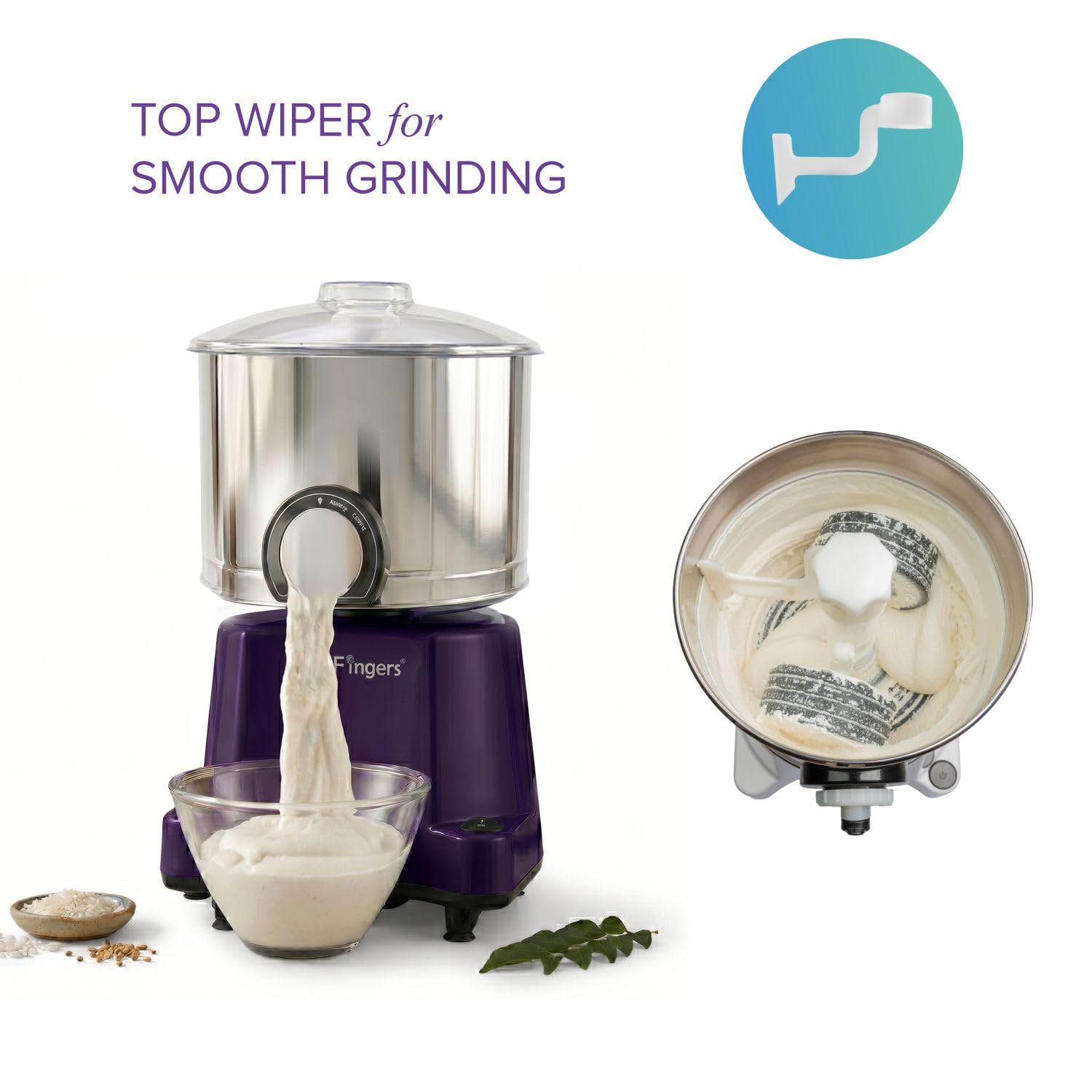 SmartFingers Comfort + Table Top Wet Grinder 230V, 3 Liter, Violet with Coconut Scrapper & Atta Kneader Attachment | Hands-Free Batter Dispenser | Top Wiper, 220W Motor | 5 Years Warranty | AISI 304