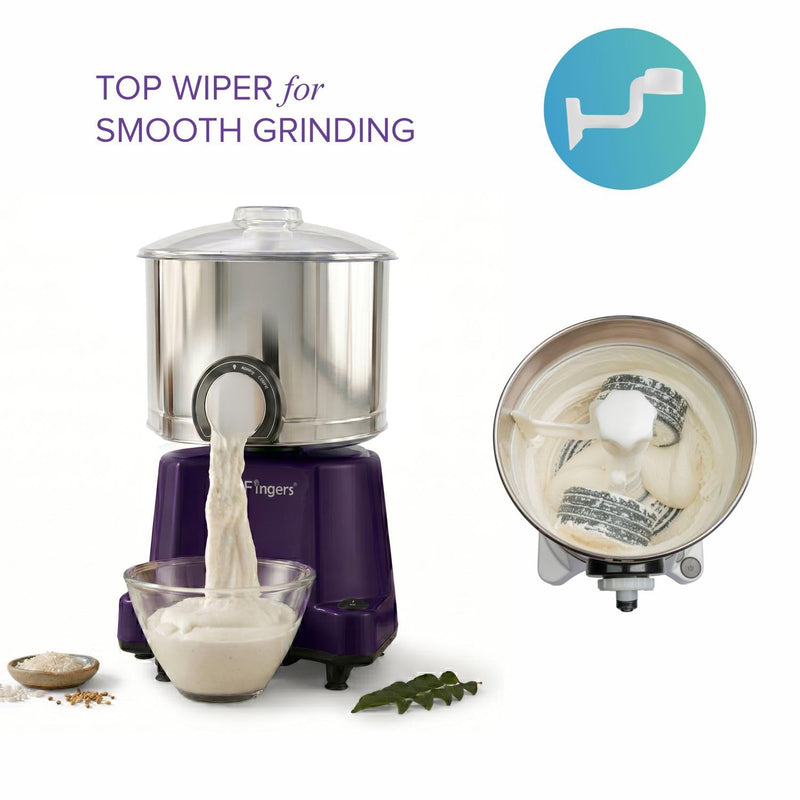 SmartFingers Comfort + Table Top Wet Grinder 230V, 3 Liter, Violet with Coconut Scrapper & Atta Kneader Attachment | Hands-Free Batter Dispenser | Top Wiper, 220W Motor | 5 Years Warranty | AISI 304