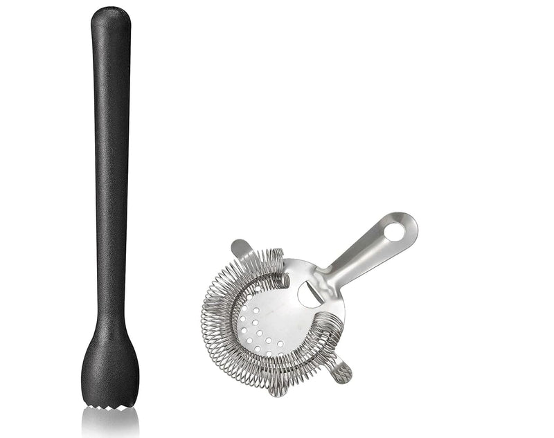 Dynore Stainless Steel Cocktail Strainer with Black PVC Muddler- Set of 2