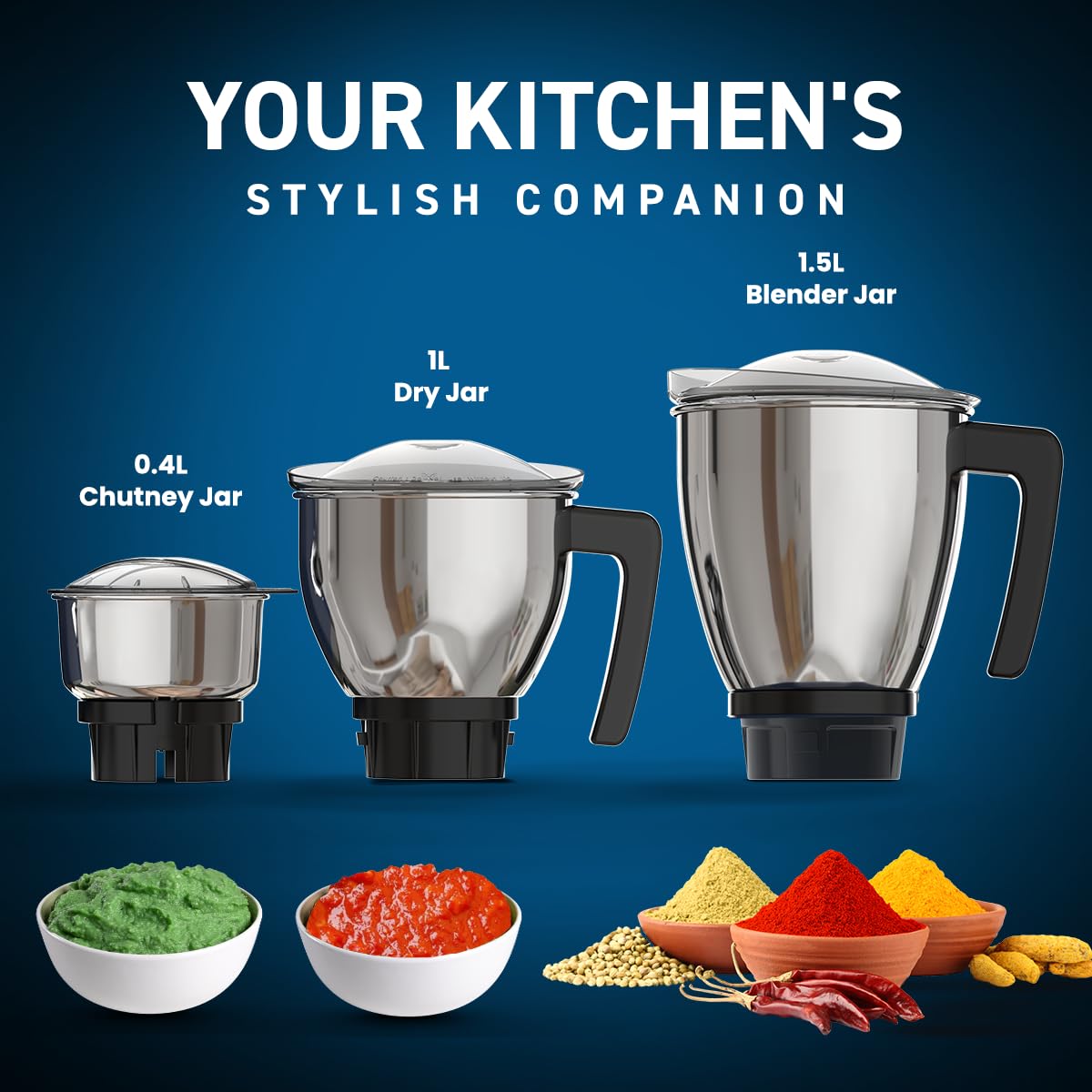 Crompton Ameo Pro 750W 3 Jar | Mixer Grinder | MaxiGrind | Motor Vent-X Technology |3 Stainless Steel Jars and 1 Juicer Jar | Black & Blue