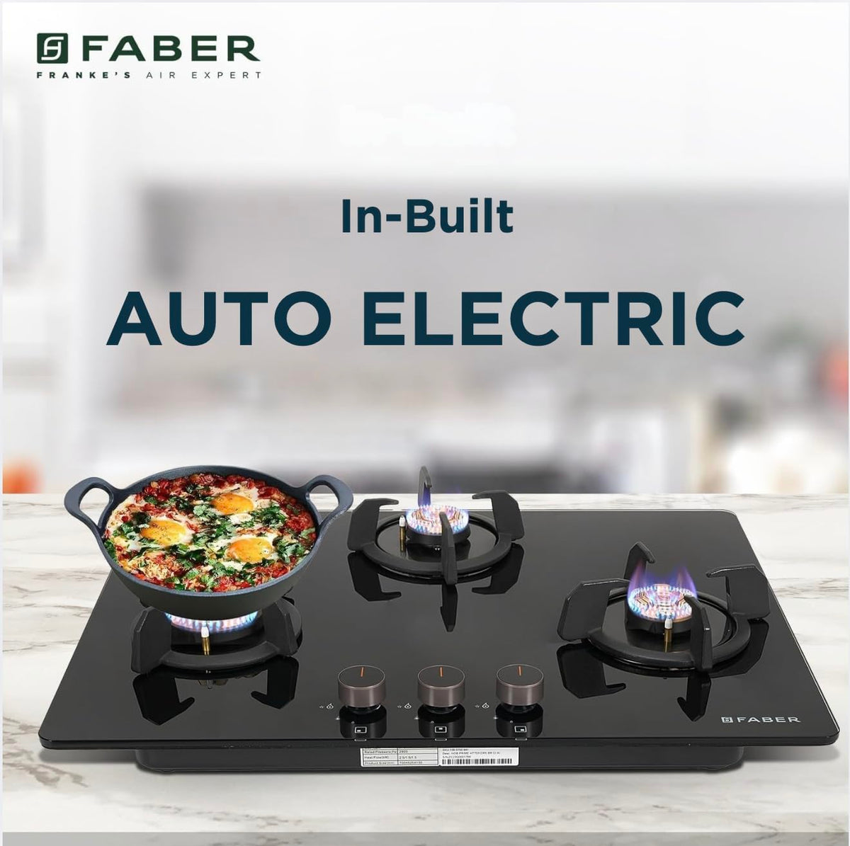 Faber 3 Burner 70cm Hobtop|Auto-Ignition|Metal Knobs|Cast Iron Pan Support |Hob/Cooktop Hybrid| Black Glass Finish|5Yr W