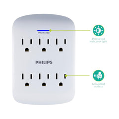 Philips 6 Outlet Surge Protector Outlet Adapter, Wall Tap Power Strip, Protected Indicator Light, 125V AC (SPP3461WA/37)