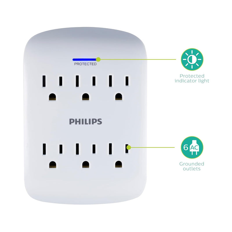 Philips 6 Outlet Surge Protector Outlet Adapter, Wall Tap Power Strip, Protected Indicator Light, 125V AC (SPP3461WA/37)