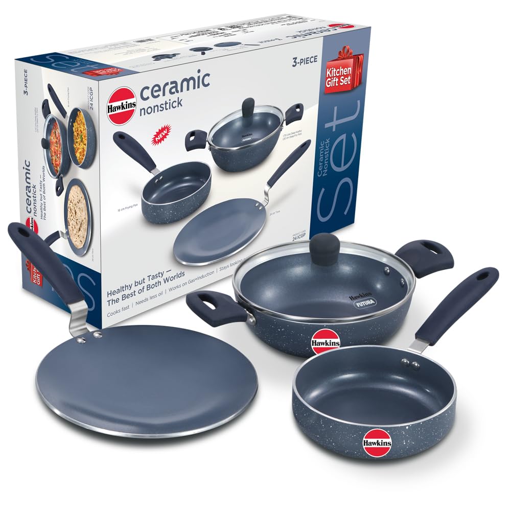 Hawkins Ceramic Nonstick 3-Piece Kitchen Gift Set - 1.75 L Deep Kadhai, 16 cm Frying Pan and 24 cm Tava, Grey (24ICGP)