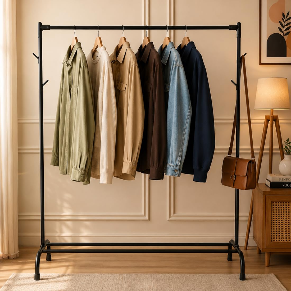 HOUZA Heavy-Duty Garment Stand Cloth Rack with Bottom Storage Shelf & 4 Side Hooks | Freestanding Clothes Hanging Stand, Rack for Clothes Storage & Cloth Rack for Bedroom & Entryway (Black)