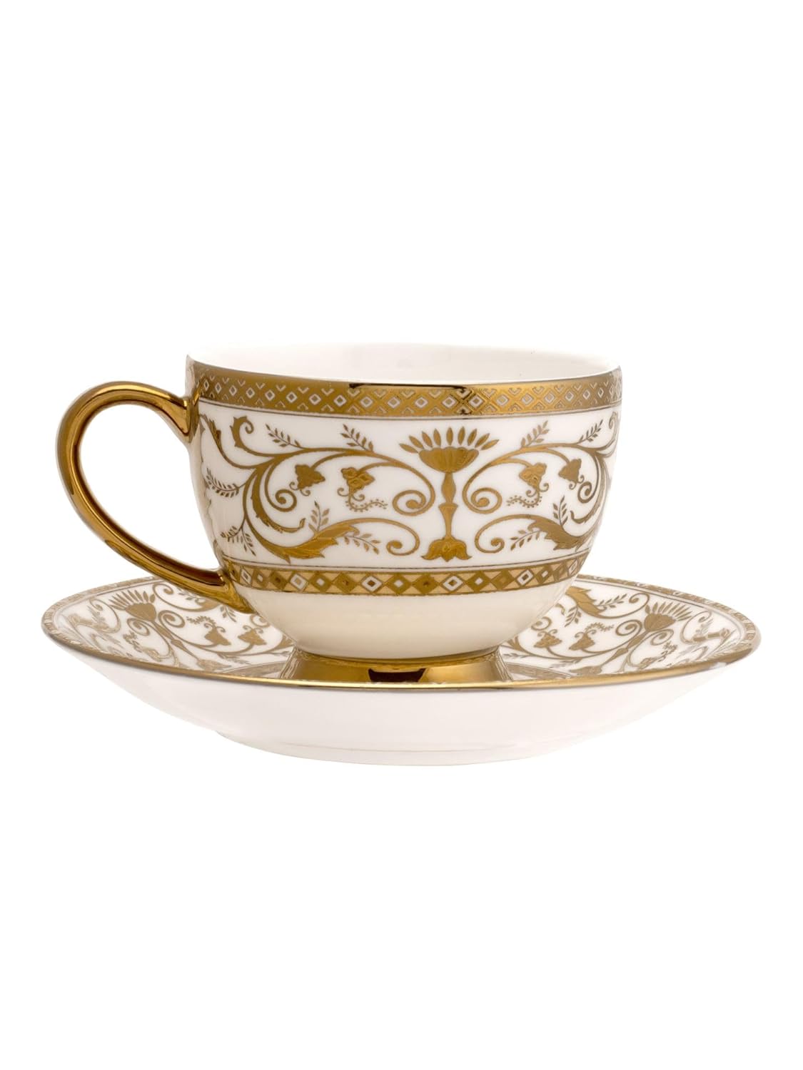 Clay Craft Fine Ceramic Julian Gold Printed Cup & Saucer Set of 12 (6 Cups + 6 Saucers) - 180 ml Each