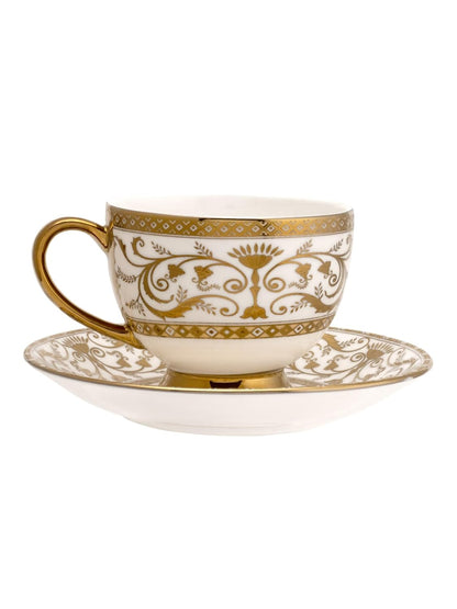 Clay Craft Fine Ceramic Julian Gold Printed Cup & Saucer Set of 12 (6 Cups + 6 Saucers) - 180 ml Each