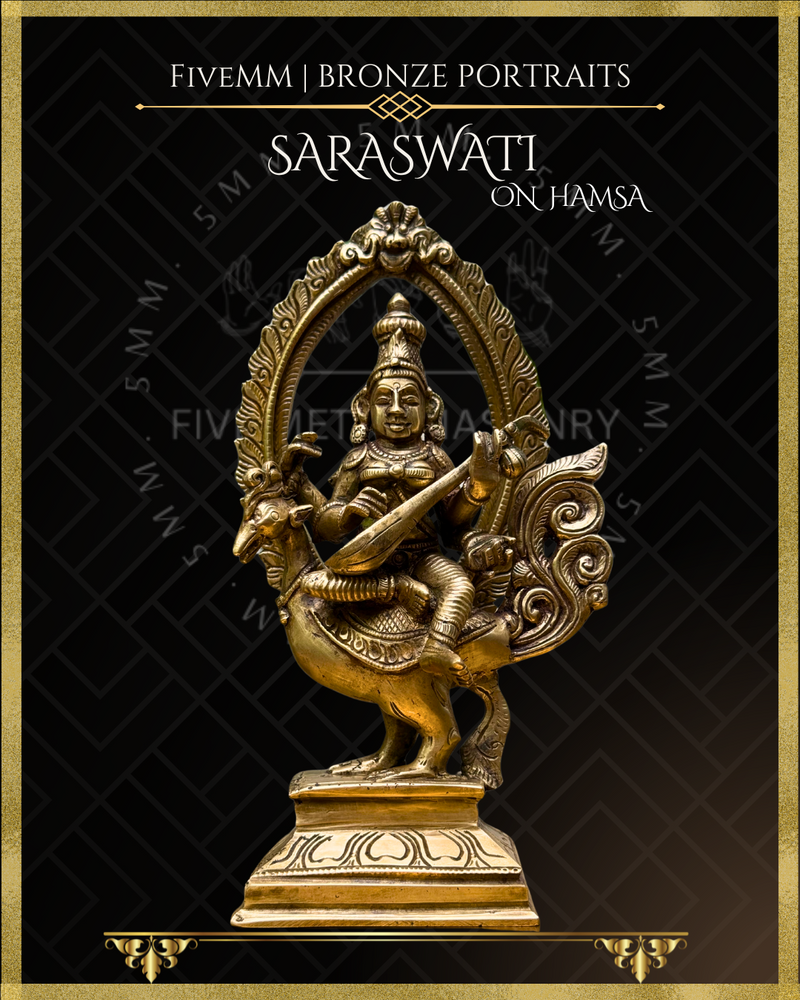 Saraswati seated on Hamsa Panchaloha Bronze Icon - 8"