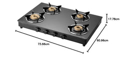 Kaff CTC 69 4B Gas Stove/Cooktop 4 Burners with Manual Ignition 69 CM, High Efficiency Brass Burners, Black Tempered Gla