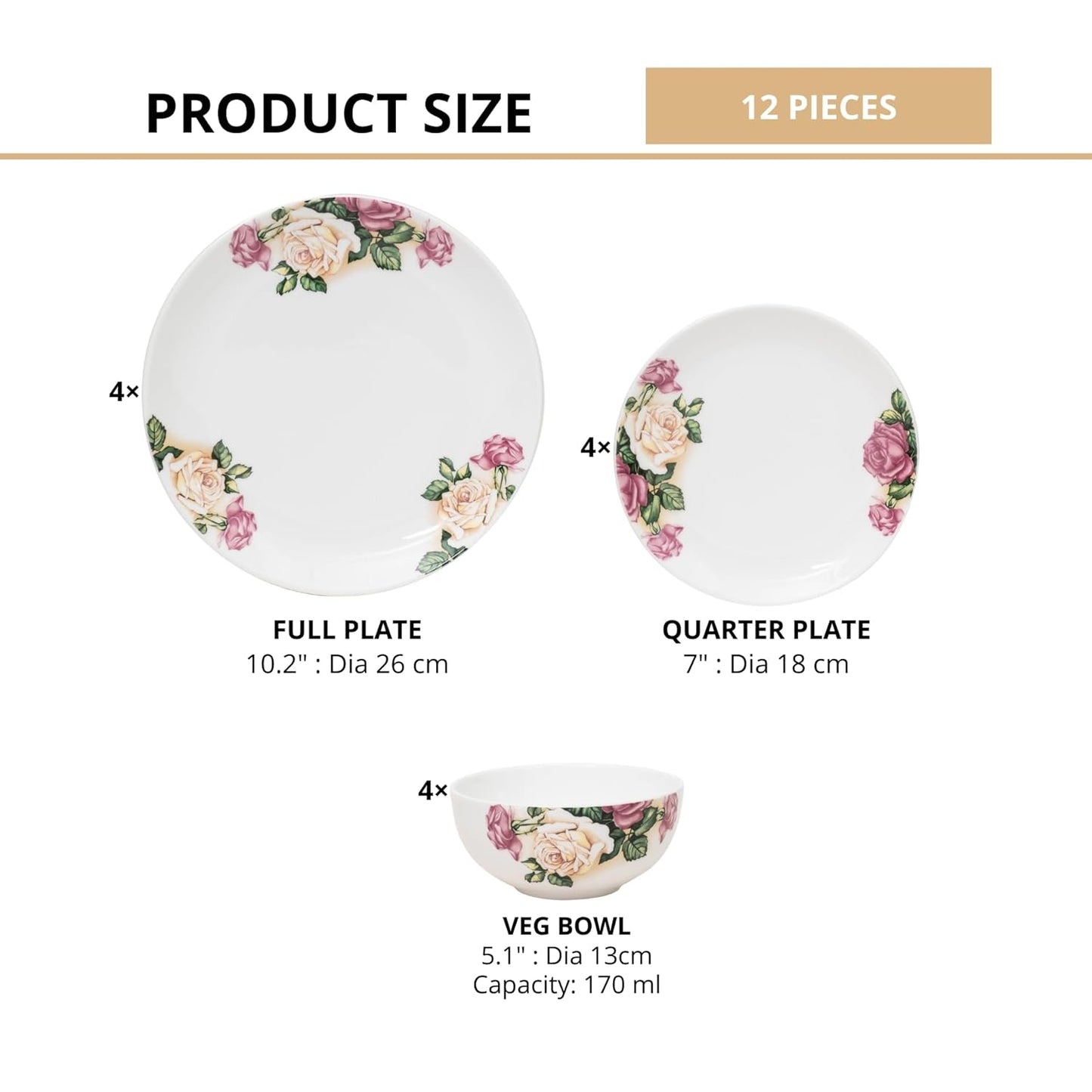 Clay Craft Printed Fine Ceramic Eco Dinner Set, Enchanting Gold, for Family of 4, Dinner Set Ceramic, Crockery Set, Dining Set for Dinner, Crockery Set for Gift, Kitchen Set (ECO5, 12 Pieces)