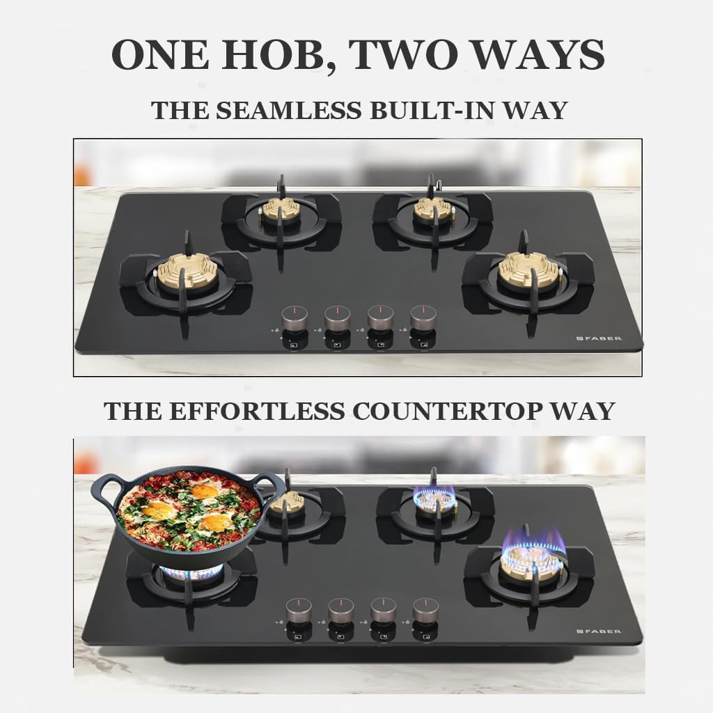 Faber 4 Burner 90cm Hob/Cooktop Hybrid | Auto-Ignition| Metal Knobs|Cast Iron Pan Support|Black Glass Finish |5 Yrs Warr