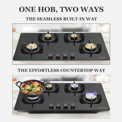 Faber 4 Burner 90cm Hob/Cooktop Hybrid | Auto-Ignition| Metal Knobs|Cast Iron Pan Support|Black Glass Finish |5 Yrs Warr