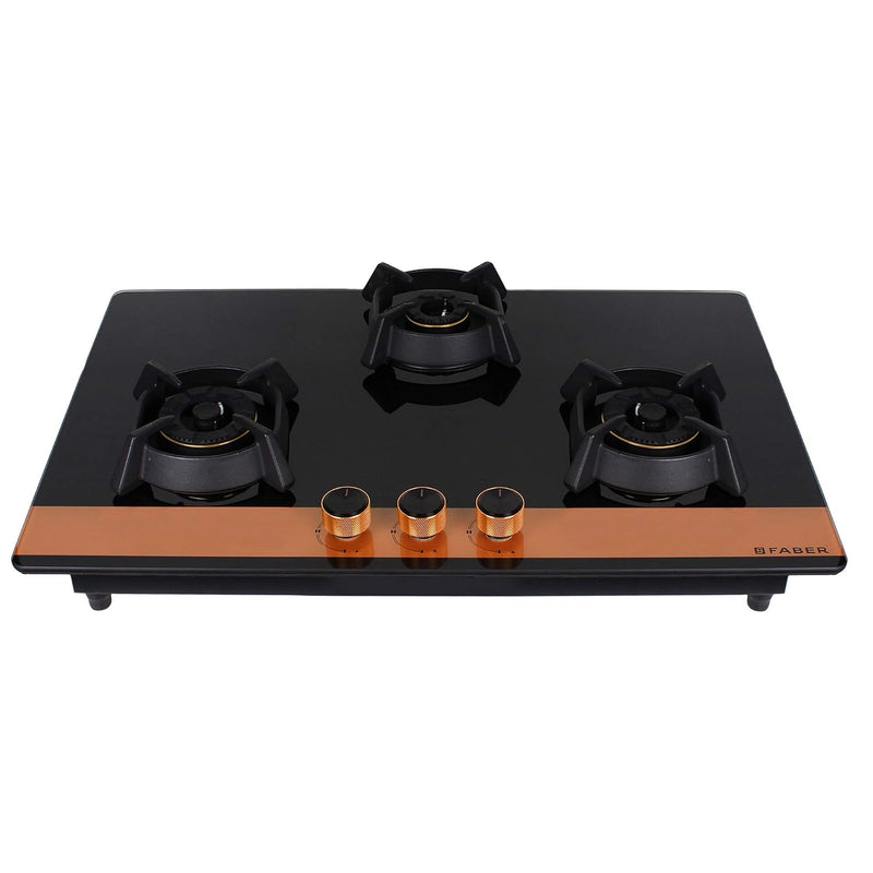 Faber 78cm 3Burner Gas Hob | Flame Failure Device | Cast Iron Pan Support | Metal Knobs | Dual Flame Burner | 8mm Toughe