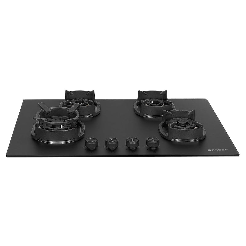 Faber Della 4 Burner 78cm Hob |Auto-Ignition|Brass Burner| Cast Iron Pan Support |Hob/Cooktop Hybrid| Matt Black Glass F