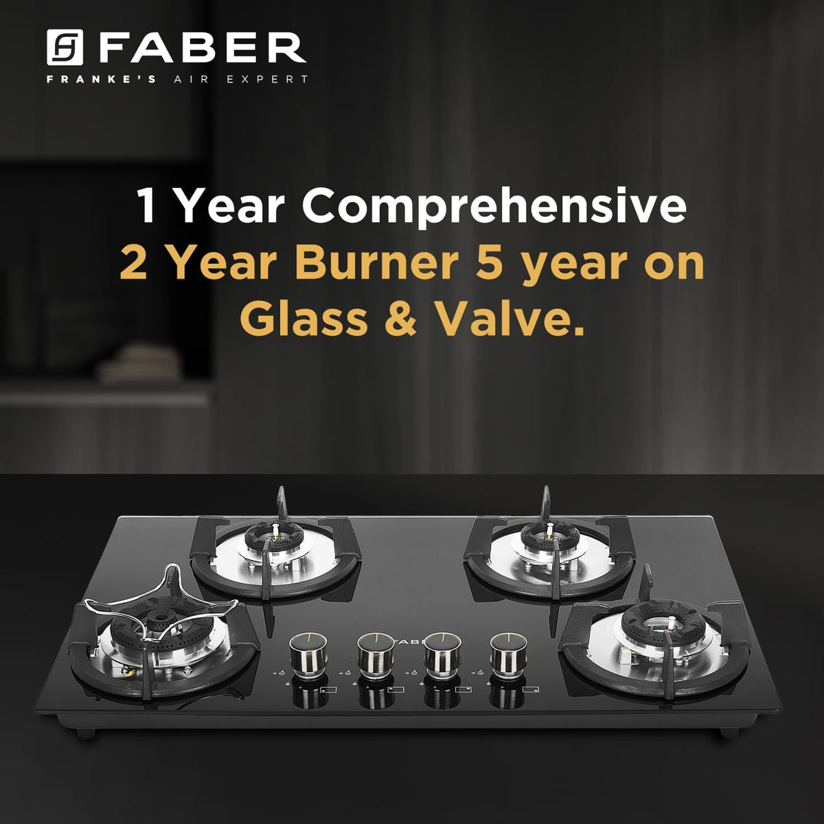 Faber Hob 76 cm 4 Burner|Auto-Ignition|Spillage Proof|Brass Burners|Metal Knobs|Pan Support|2yrs on Burner,5 Yrs Warrant