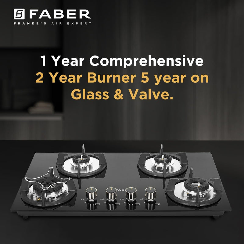 Faber Hob 76 cm 4 Burner|Auto-Ignition|Spillage Proof|Brass Burners|Metal Knobs|Pan Support|2yrs on Burner,5 Yrs Warrant