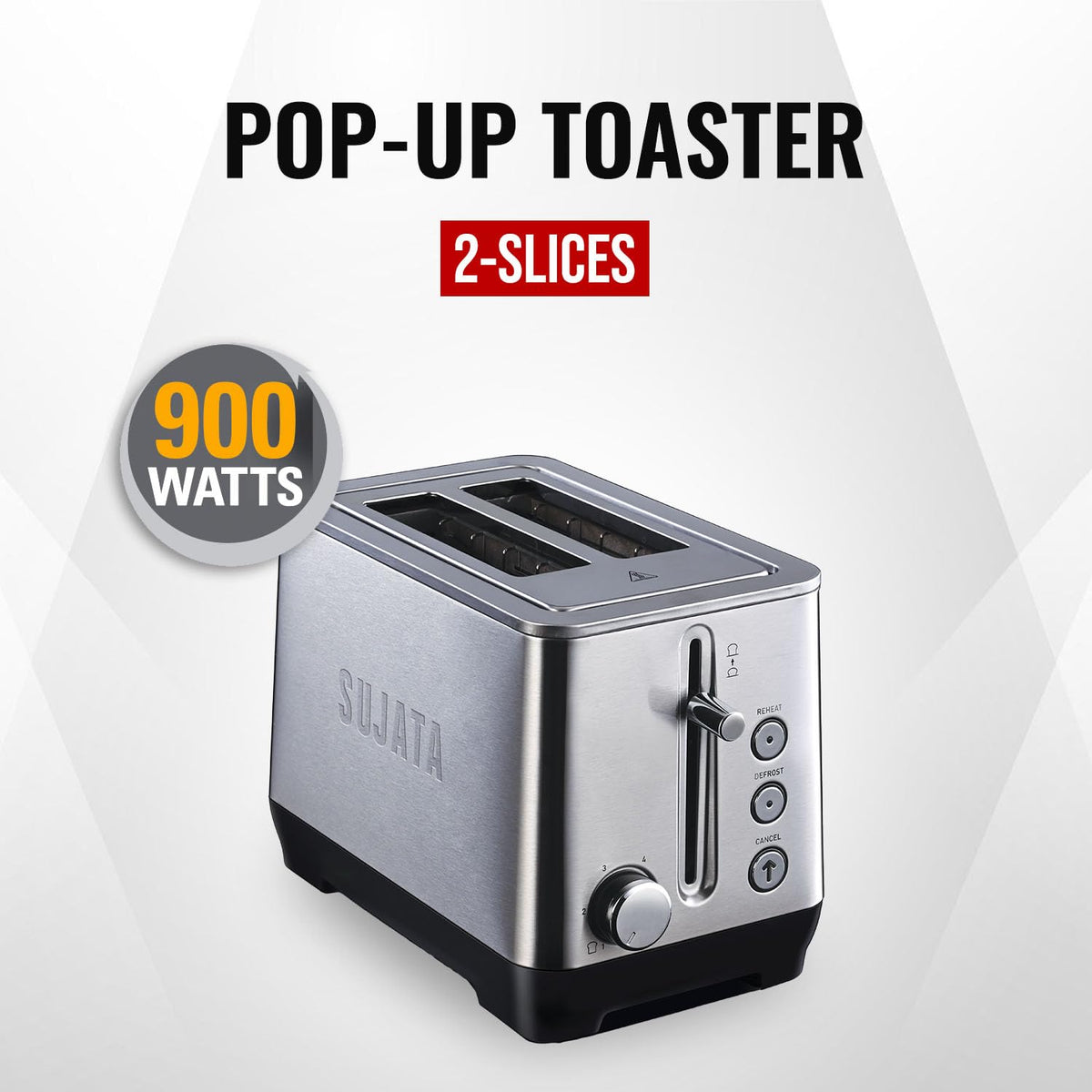 Sujata Pop-up Toaster | Stainless Steel, 7 Heating Modes, Cool Touch, Reheat & Defrost - PT11 - 2 Slice, 900W