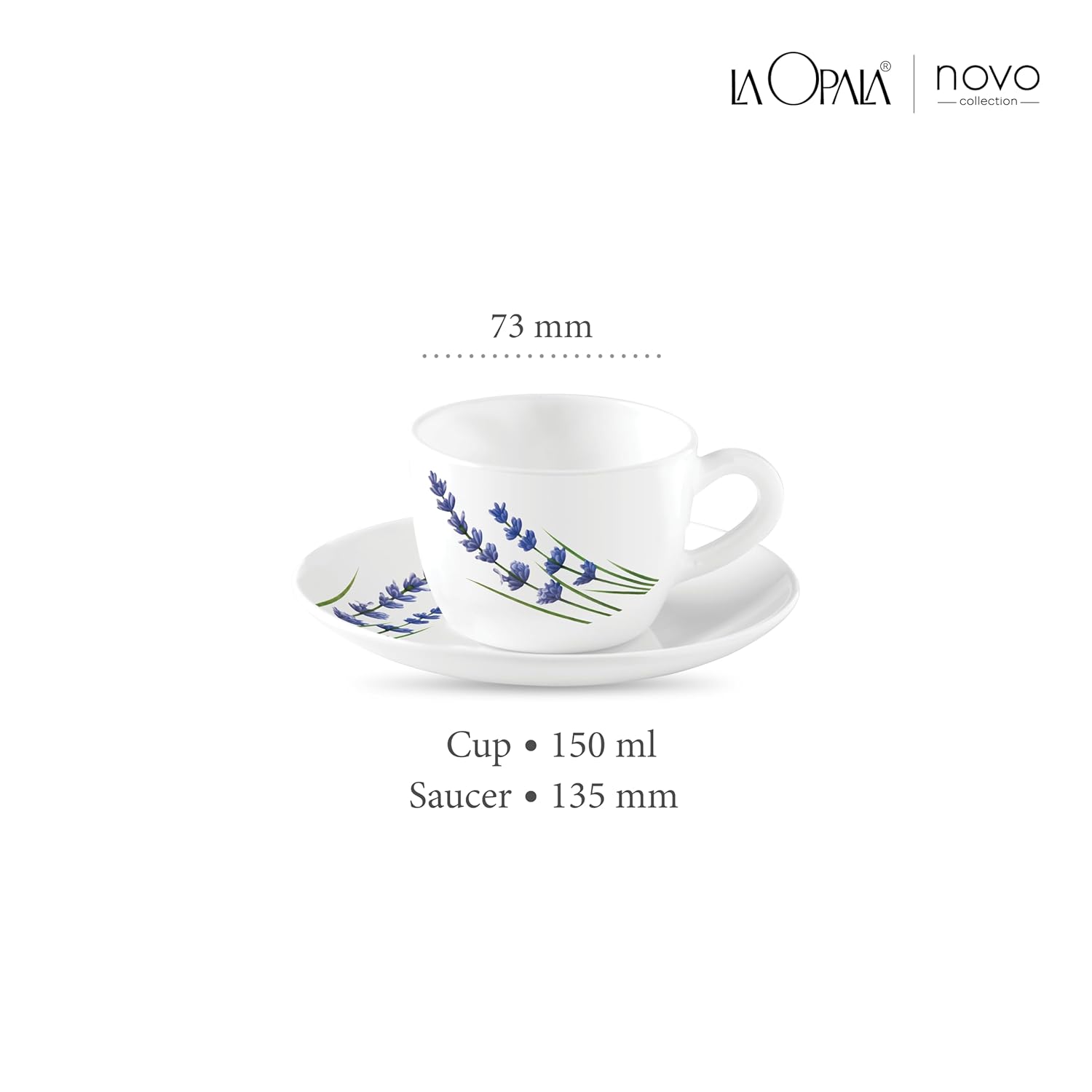 La Opala, Novo Collection Opal Glass Crockery | Cup & Saucer Princess, Set of 12 | English Lavender, 150 ml | for Tea & Coffee | Microwave Safe | 100% Vegetarian | Extra Strong | Super Light & White