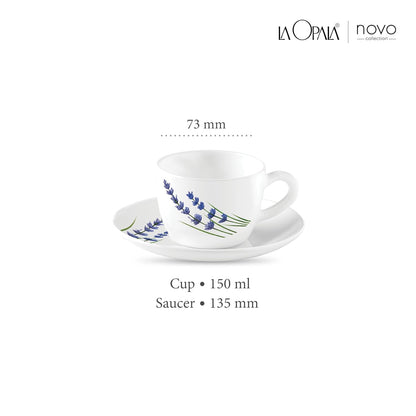 La Opala, Novo Collection Opal Glass Crockery | Cup & Saucer Princess, Set of 12 | English Lavender, 150 ml | for Tea & Coffee | Microwave Safe | 100% Vegetarian | Extra Strong | Super Light & White