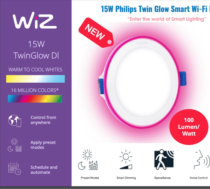 Philips 15W Twin Glow Smart Wi-Fi LED DL tunable, Dimmable