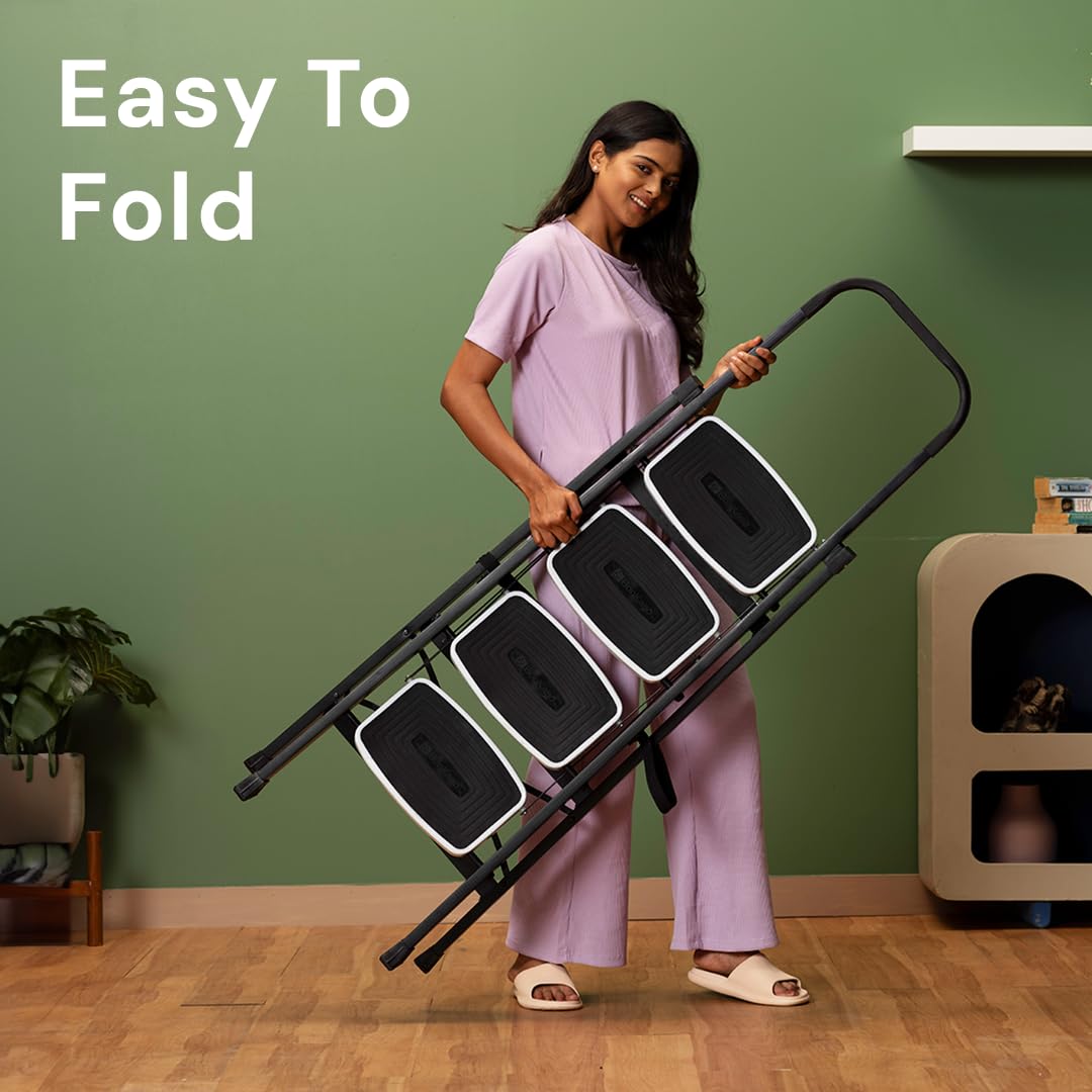 BonKaso Climb Steady Premium Alloy Steel Heavy Duty Multipurpose Foldable 5 Step Ladder with Connecting Frame & Belt Support, Load Capacity Upto 120kg | for Home and Outdoor - (Matte Black & White)