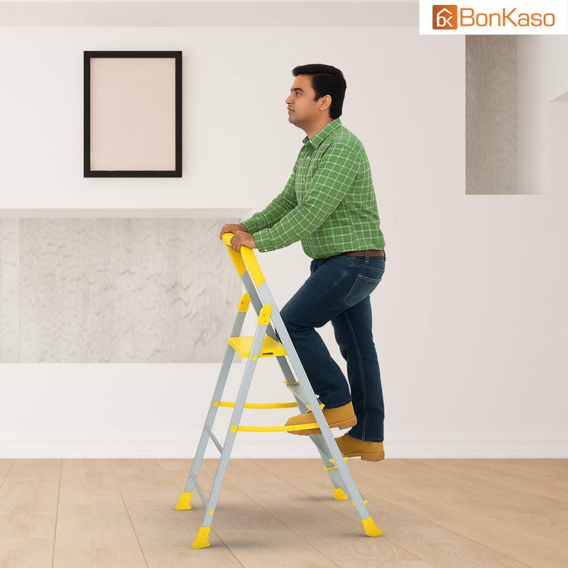 BonKaso Climb Lite Pro+ 4 Step Foldable Ladder with Tool Tray (89.8W x 137H Cm)| Heavy-Duty, Anti-Slip & Firm Grip, Load Capacity Upto 120kg | Durable & Portable (Aluminium Step, Yellow & Satin)