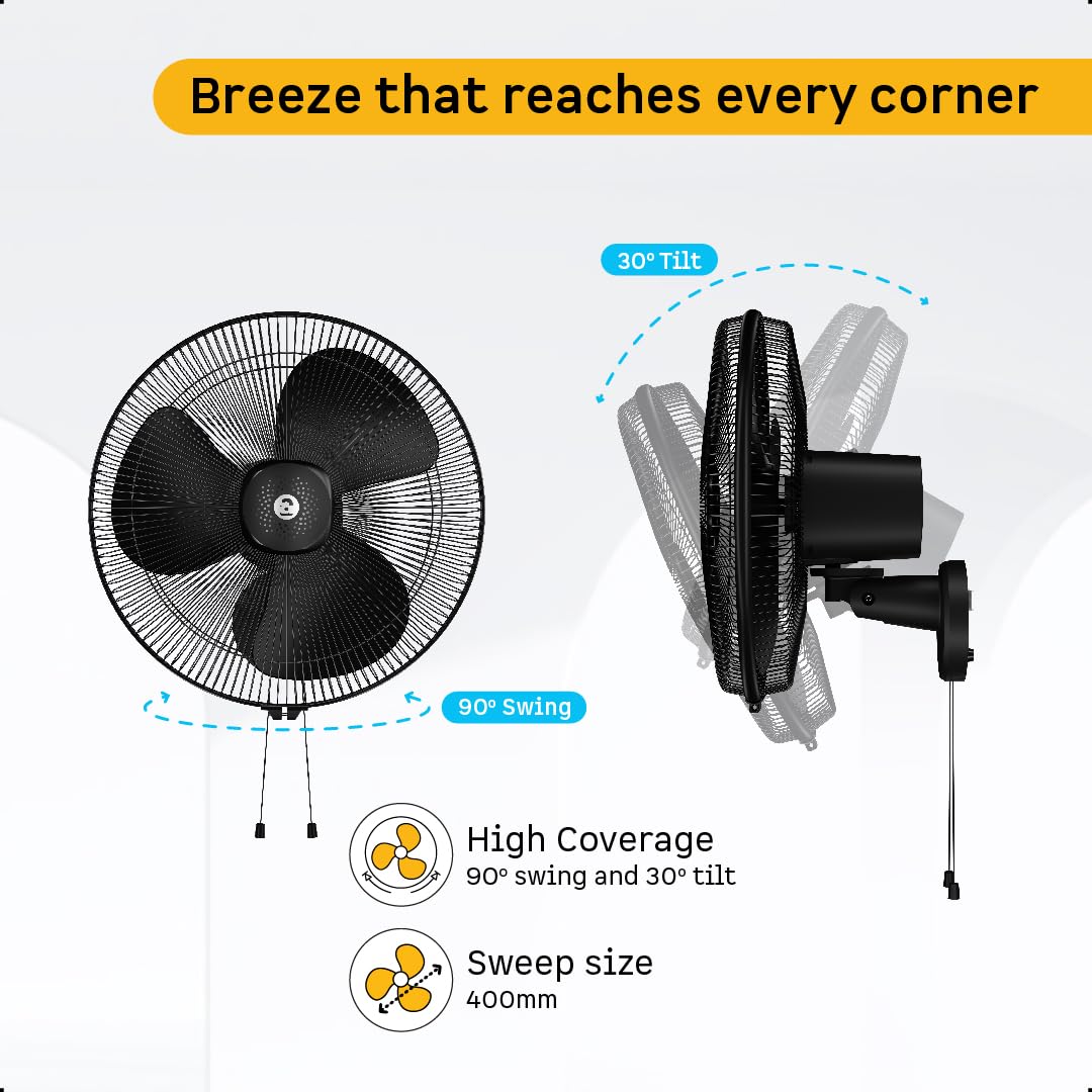 atomberg Renesa 400mm Wall Mount Fan | 5-star rated | Ideal for Home & Office | Silent BLDC Fan | 6 Speeds | 35W | Remote with Oscillation, Timer, Sleep | 2 Years Warranty (Midnight Black)