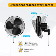 atomberg Renesa 400mm Wall Mount Fan | 5-star rated | Ideal for Home & Office | Silent BLDC Fan | 6 Speeds | 35W | Remote with Oscillation, Timer, Sleep | 2 Years Warranty (Midnight Black)