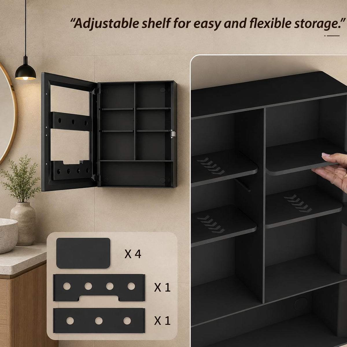 Plantex Bathroom Cabinet with Mirror/ABS Bathroom Storage Cabinet/Wall Mounted Bathroom Cabinet/Mirror with Storage for Bathroom(14x18 Inch, Black)-4