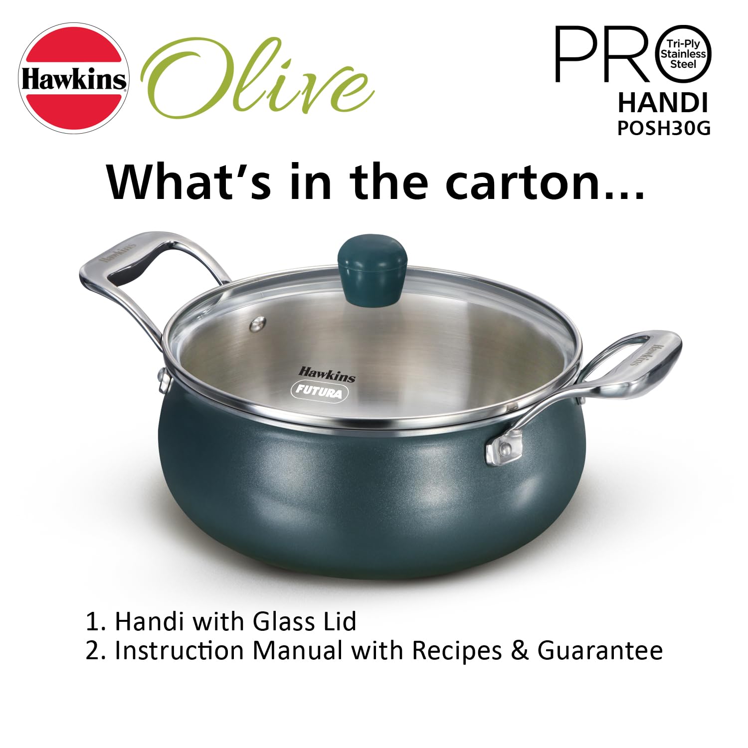 Hawkins Olive Pro 3 Litre Handi, Triply Stainless Steel Pan with Stainless Steel Handles and Glass Lid, Green (POSH30G)